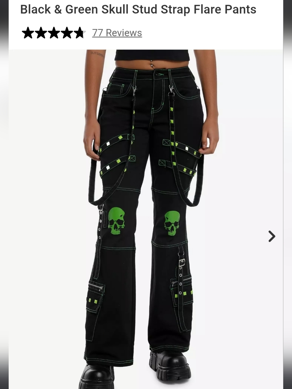 Hot Topic Black & Green Skull Stud Strap Flare Pants
